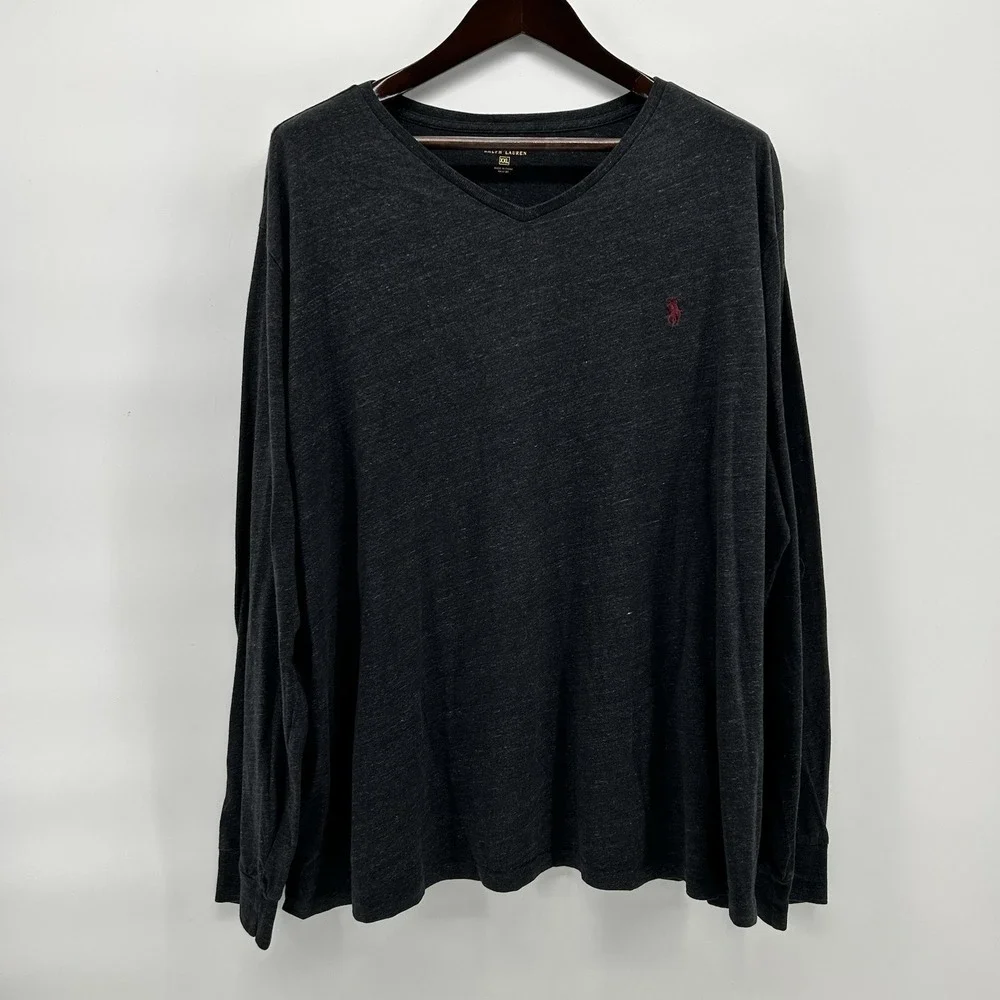 Polo Ralph Lauren T Shirt Mens 2XL Charcoal Heather V Neck Long Sleeve Pony